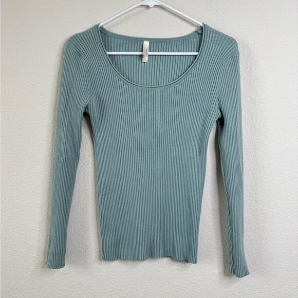 MaxMara Women’s Small Ribbed Scoop Neck Long Sleeve Top Teal Blue Made in USA - Picture 1 of 5